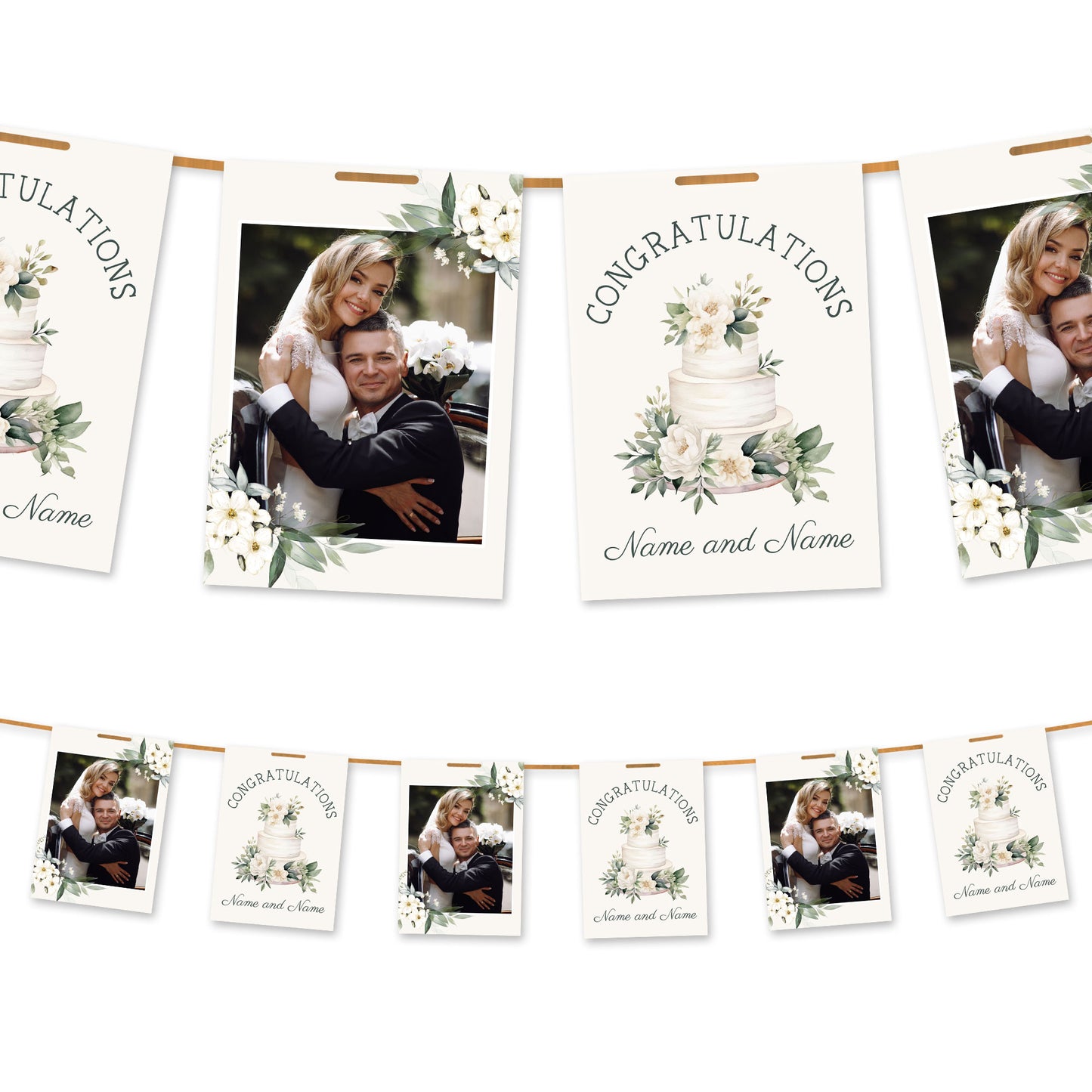 Wimpelkette „Herzlichen Glückwunsch zur Hochzeitstorte“ mit Foto und Namen