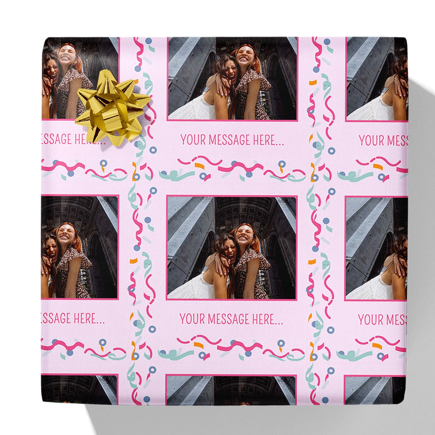 Geschenkpapier mit Konfetti-Foto und Nachricht
