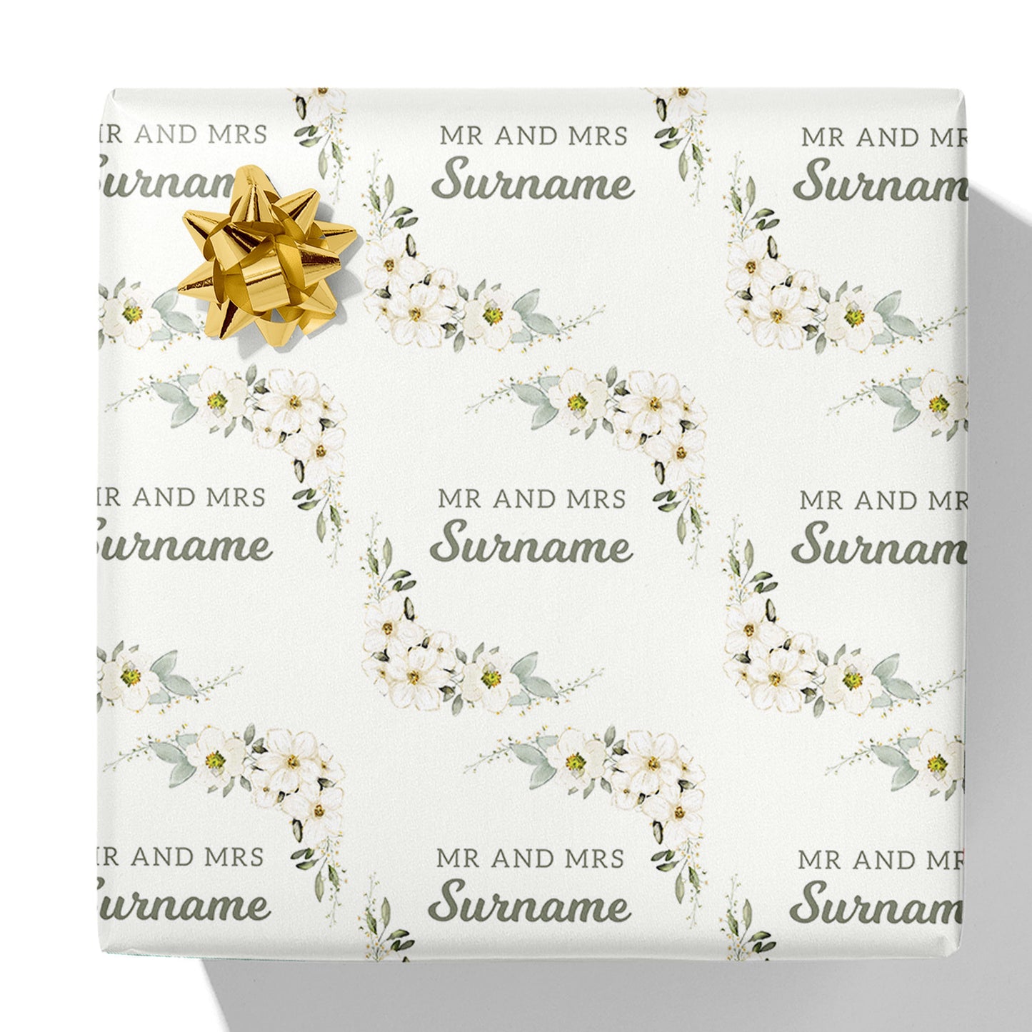 Geschenkpapier mit Blumenrand, Titel und Nachname