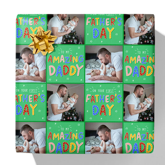 On Your First Father's Day Photo Grid Gift Wrap