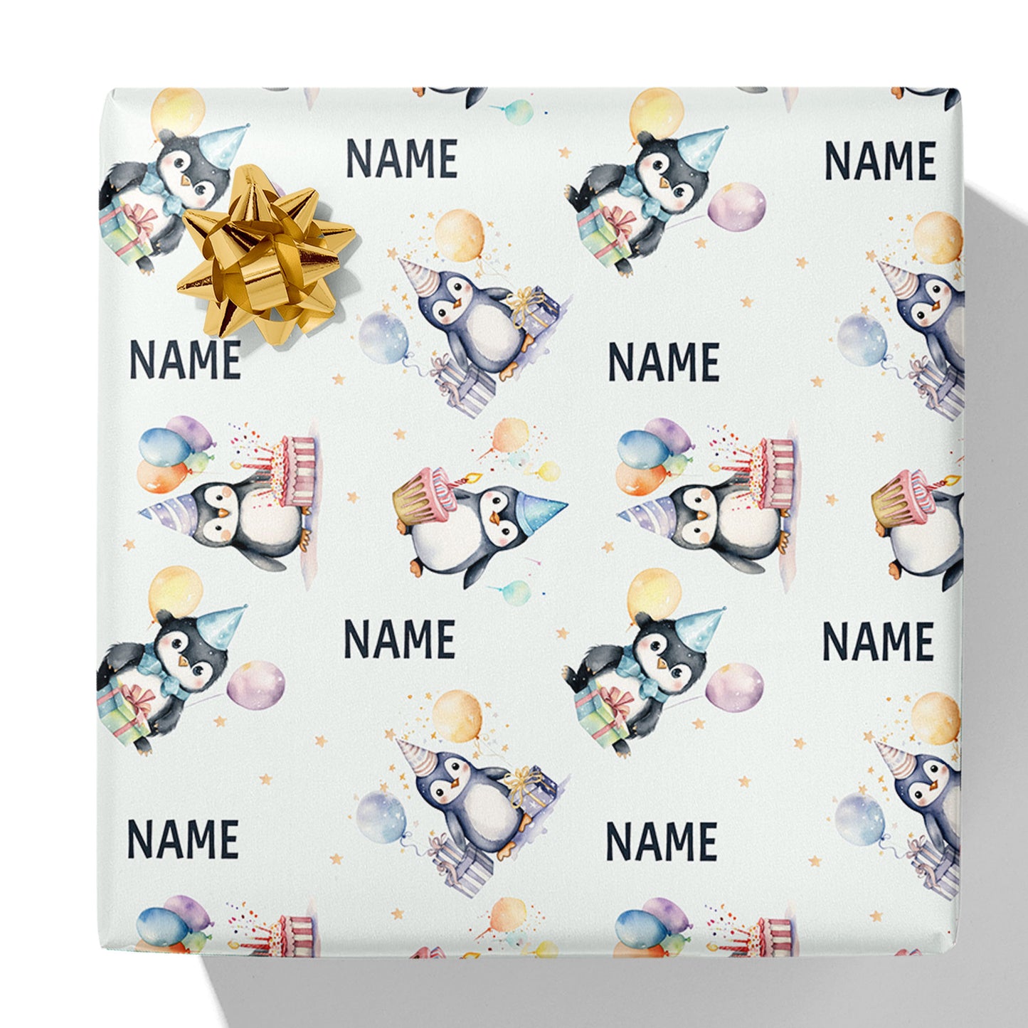 Geschenkpapier mit dem Namen eines Pinguins zum Geburtstag