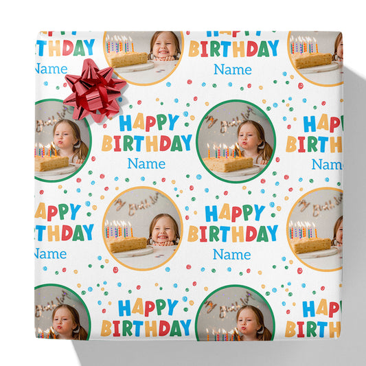 Colourful Happy Birthday Photo and Name Gift Wrap