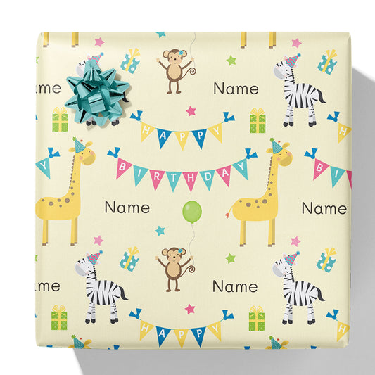 Jungle Animals Happy Birthday Name Gift Wrap