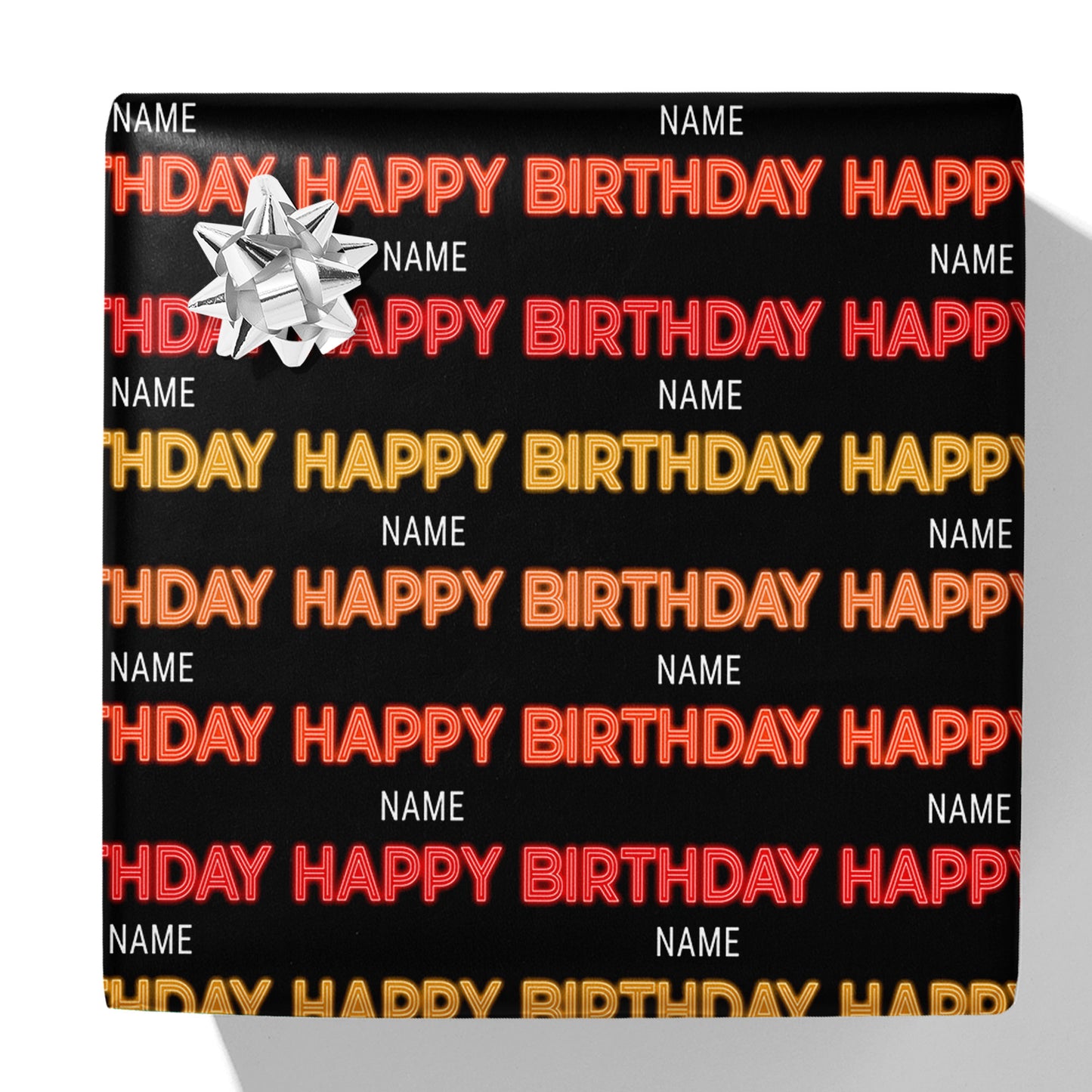 Neonfarbenes Geschenkpapier mit dem Namen „Happy Birthday“